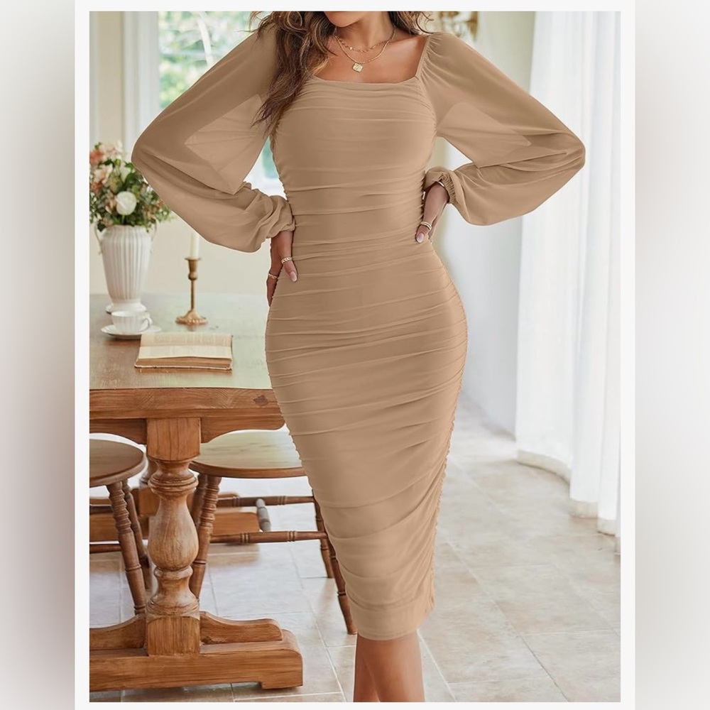 Long puffed sleeve ruched bodycon dress